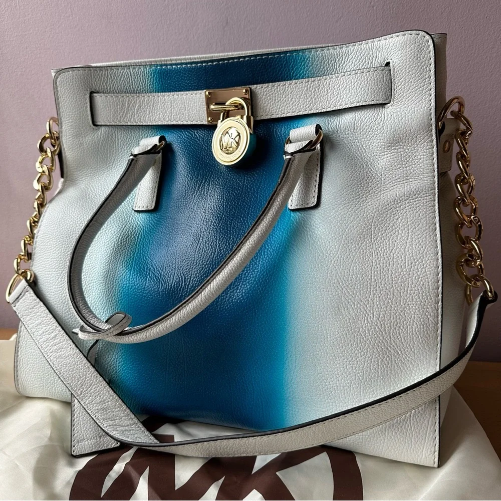 MICHAEL KORS Hamilton Spray Large Pebble Leather Tote Bag White/Blue